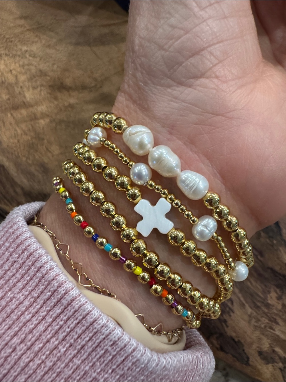 Gold Pearl Stackable Beaded Bracelet Set with White Cross Accent - Picture 11 of 14